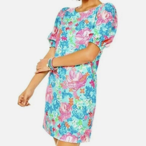 Lilly Pulitzer Cayce Short Sleeve Dress in Surf Blue Luscious Lions - Picture 2 of 16